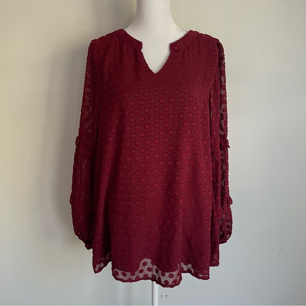 Jodiful Maroon Dotted Up Chiffon Burgundy Bubble Sleeve Top Women’s Size Large